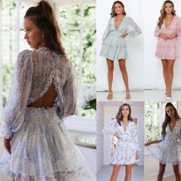 Boho V-Neck Long Sleeve Chiffon Open Back Ruffled Mini Dress - Pink XL - Picture 5 of 8